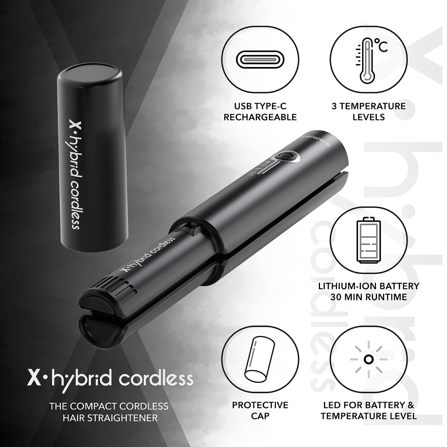 Gamma-Scout X-Hybrid Mini Piastra Cordless Capelli Nero USB-C
